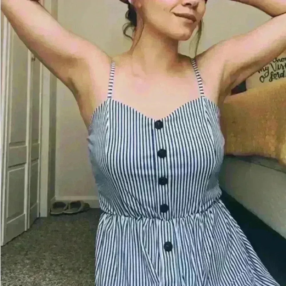 Cute striped midi sweetheart neckline button down sundress.